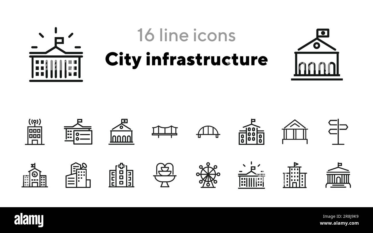 Symbolgruppe für städtische Infrastrukturlinie Stock Vektor