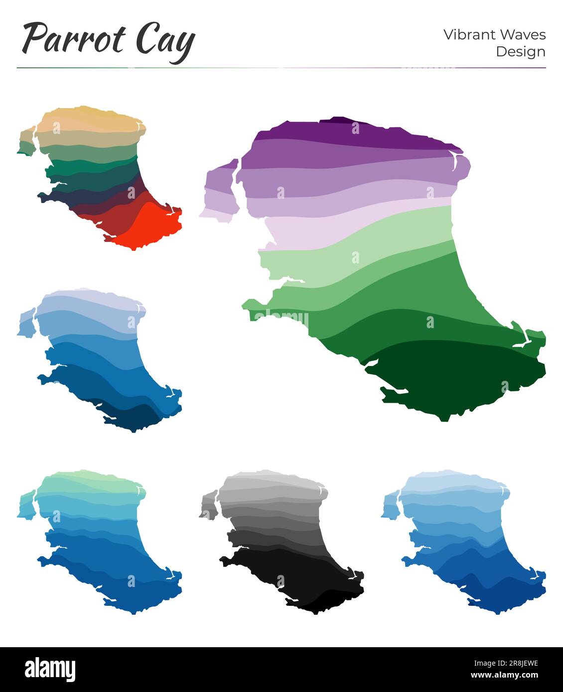 Set von Vektorkarten von Parrot Cay. Lebendiges Wellendesign. Helle Karte der Insel im geometrischen, glatten Kurvenstil. Stock Vektor