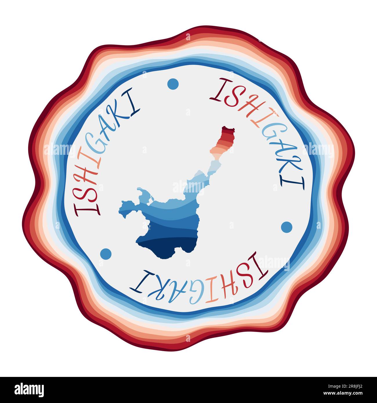 Ishigaki-Emblem. Karte der Insel mit wunderschönen geometrischen Wellen und leuchtendem rot-blauem Rahmen. Lebendiges rundes Ishigaki-Logo. Vektorabbildung. Stock Vektor