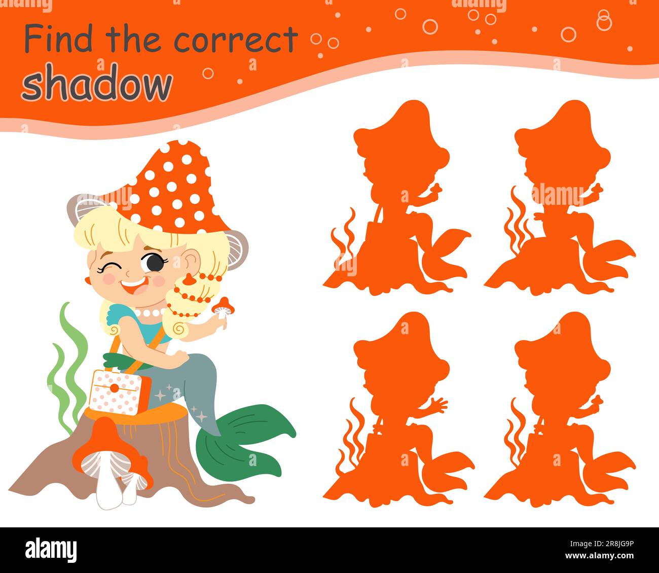 Finde den richtigen Schatten. Süße glückliche Meerjungfrau mit Pilzen. Pädagogisches Spiel für Kinder mit Zeichentrickcharakter. Aktivität, Logikspiel, Lernen Stock Vektor