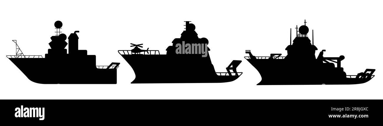 Ein Satz schwarzer Silhouetten-Forschungsschiffe für die Meeresforschung, Expeditionsschiffe Formen mit Helikopter-Illustrationen isoliert auf weißem Hintergrund. Kann Stock Vektor