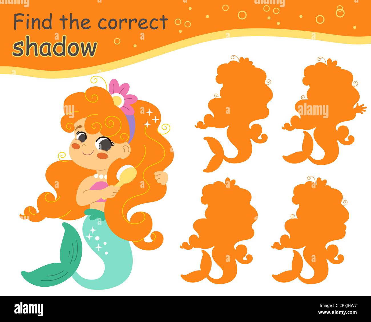 Finde den richtigen Schatten. Die süße Meerjungfrau bürstet ihr Ingwerhaar. Pädagogisches Spiel für Kinder mit Zeichentrickcharakter. Aktivität, Logikspiel, lear Stock Vektor