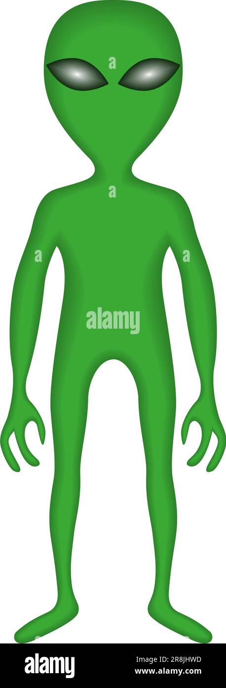 Der grüne Außerirdische steht auf seiner vollen Höhe. Ein Außerirdischer von einem anderen Planeten im Weltraum. Grüner Mann 3D. Vektordarstellung. Stock Vektor