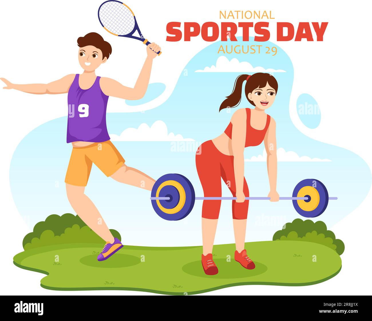National Sports Day Vector Illustration mit Sportsperson aus verschiedenen Sportarten in Flat Cartoon handgezeichnete Landing Page Background Templates Stock Vektor