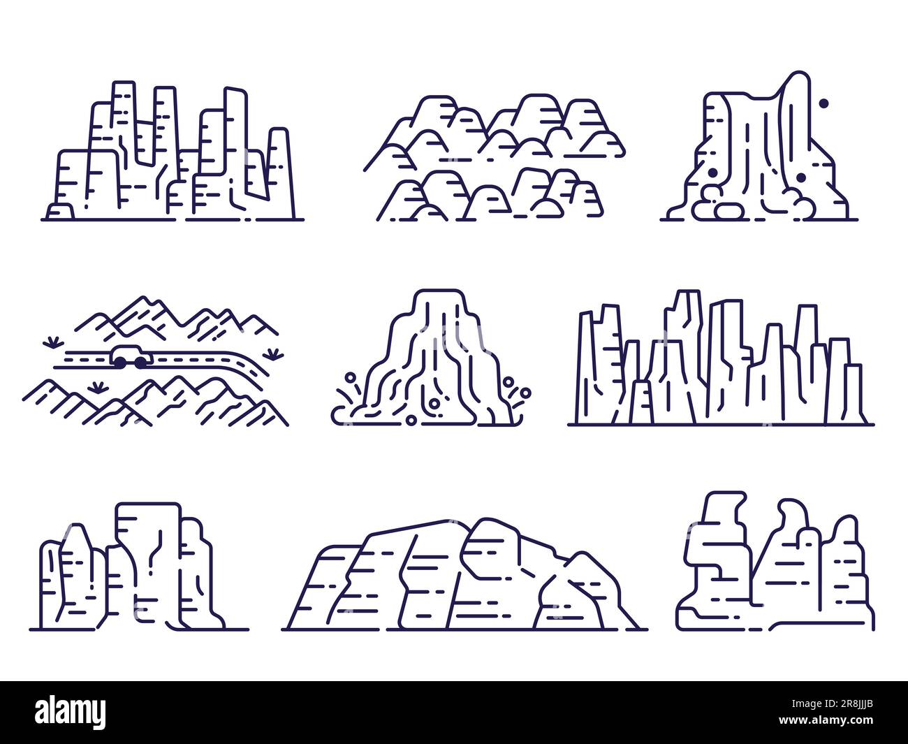 Mountain Peaks und Rocks Line Art Icons Stock Vektor