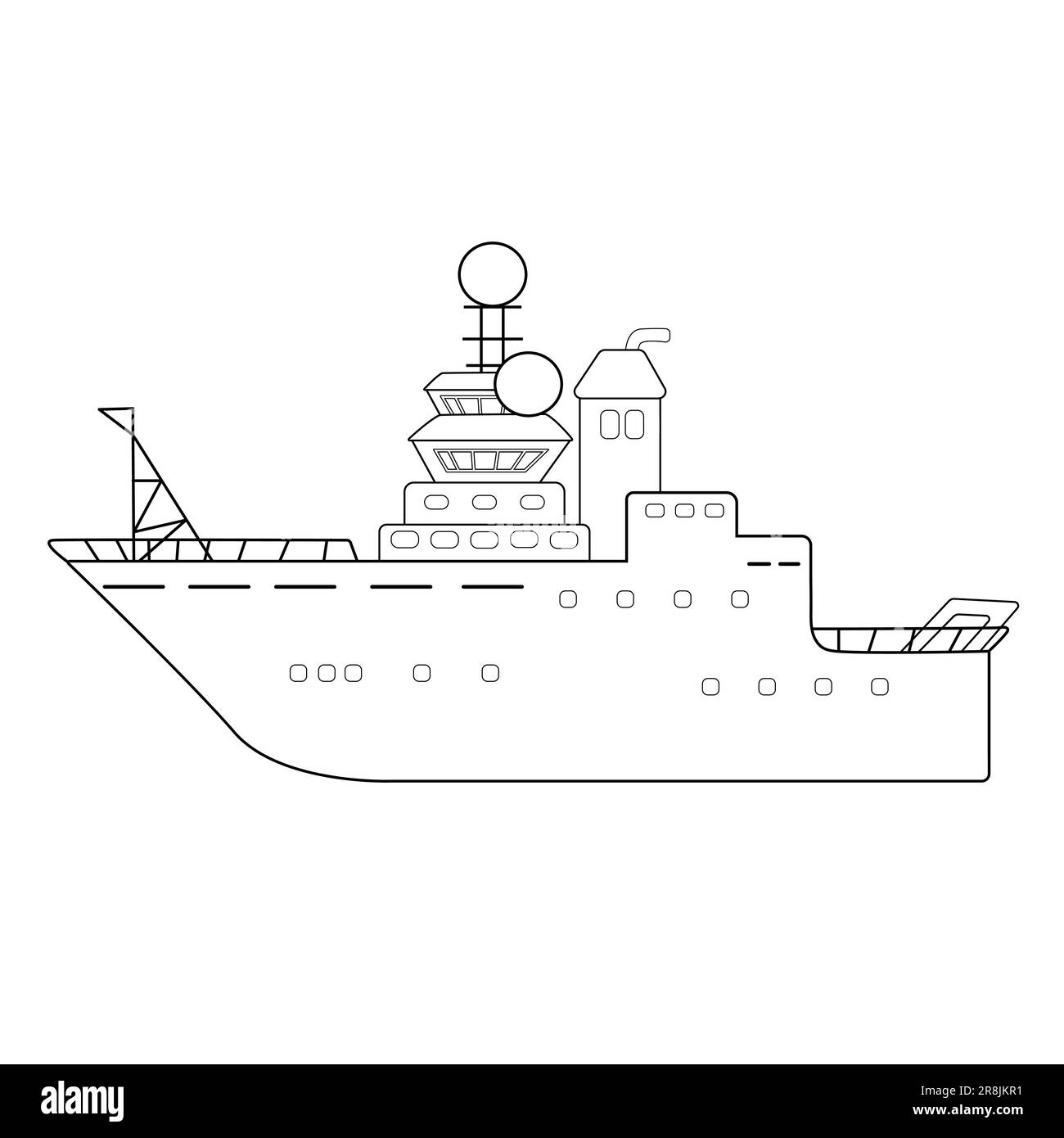 Schwarz-weißes Tiefsee-Forschungsschiff, Expeditionsschiff, handgezeichneter Vektor, isolierte Darstellung für Malbuch Stock Vektor