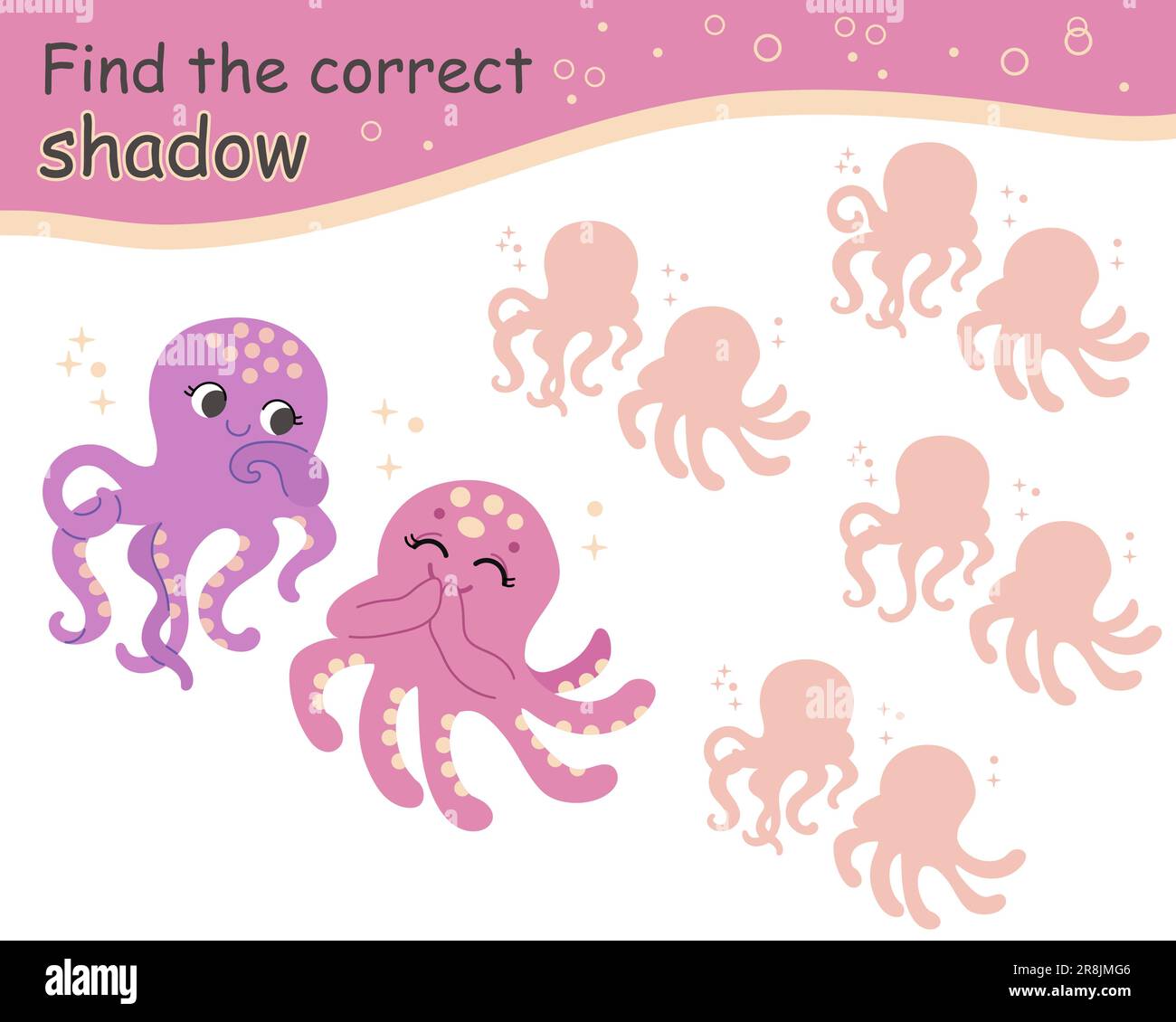Finde den richtigen Schatten. Süße und glückliche Tintenfische. Pädagogisches Spiel für Kinder mit Zeichentrickcharakter. Aktivität, Logikspiel, Lernkarte Stock Vektor