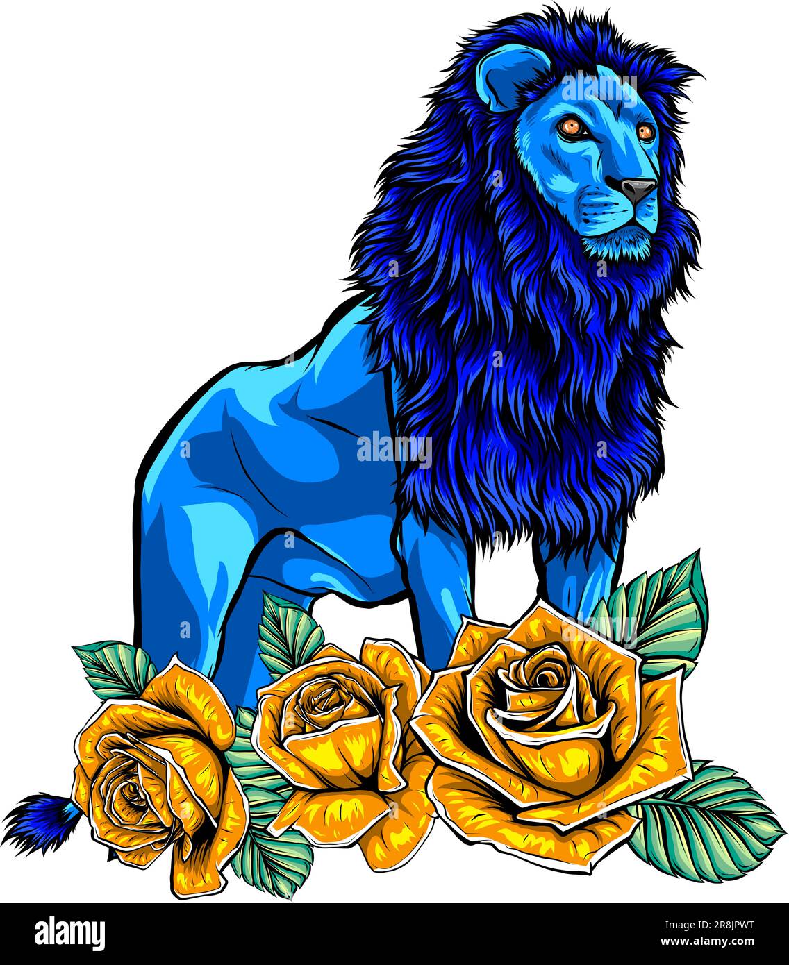 Löwe mit Rosen. vektordarstellung auf weißem Hintergrund. Digitales Handzeichnen Stock Vektor