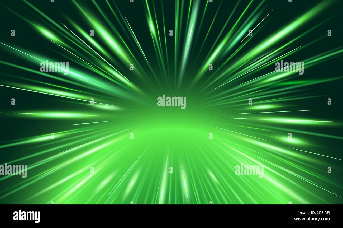 Grüne leuchtende Linien und Strahlen starker Energie. Vektorhintergrund der Super-Energie-Strahlungsquelle im Manga- und Anime-Stil. Stock Vektor