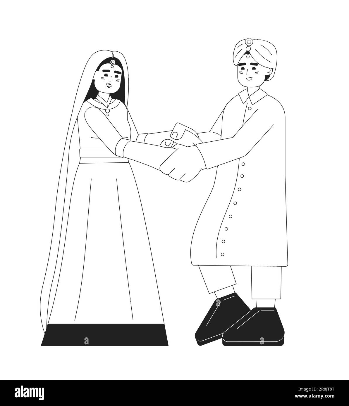 Empfang für indische Braut und Bräutigam mit einfarbigen, flachen Vektorzeichen Stock Vektor