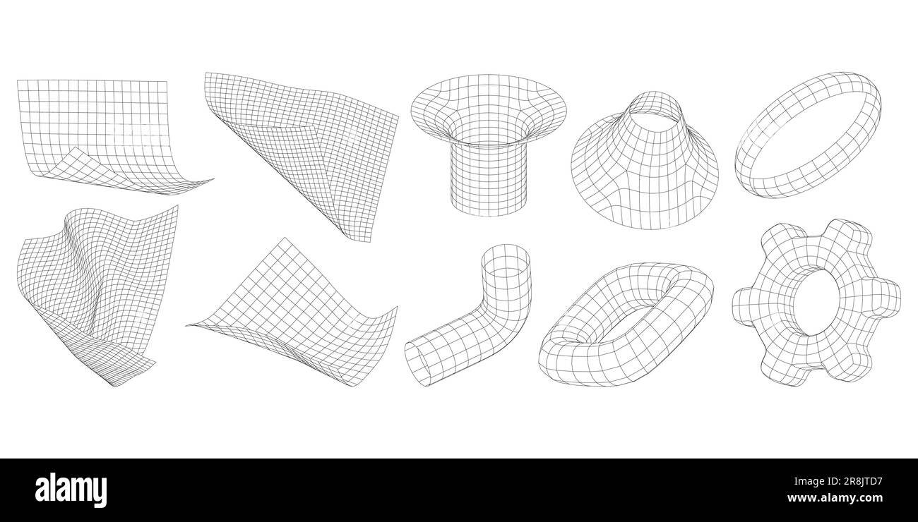 Eine Reihe abstrakter Drahtmodellformen. Cyber-Neo-futuristische Raster, dreidimensionale Netzobjekte. Verzerrte, zerknitterte, verformte Ebene, Zahnrad, Rohr, Ring. Stock Vektor