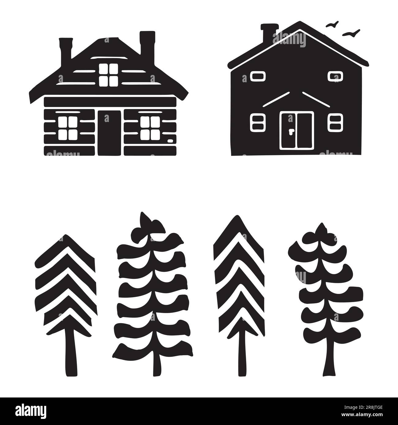 Eine Reihe von Vektordarstellungen für Holzhütten und Tannenbäume. Maskuline Outdoor-Reise im nordischen Linocut-Chalet in skandinavischer Urlaubsgruppe Stock Vektor