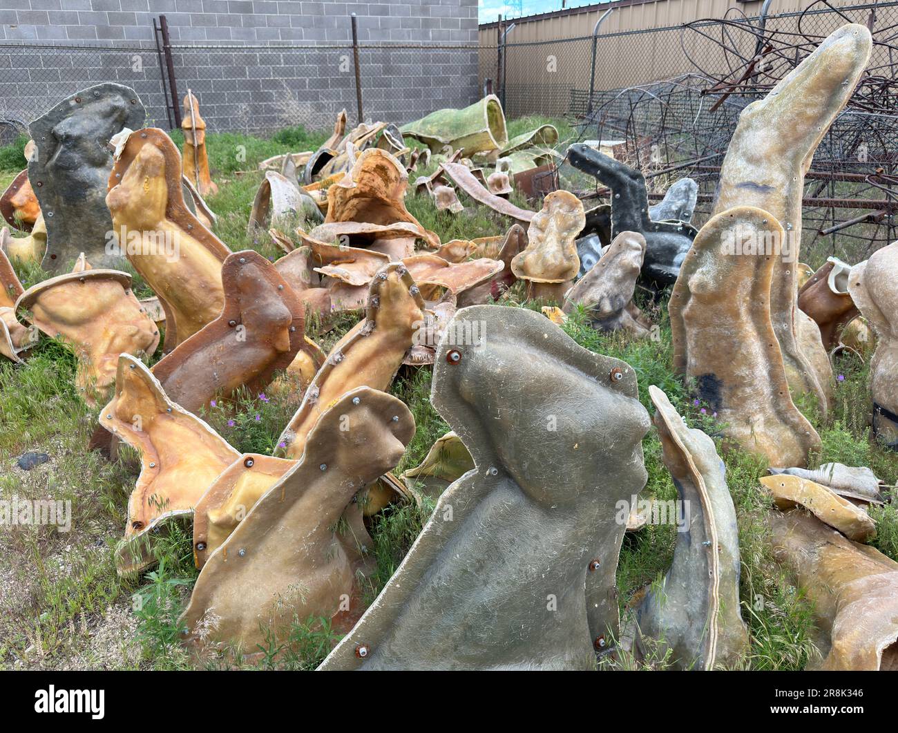 Schimmelpilze und Formen in einem wilden Tierbeinen ruhen draußen, bis sie für die Herstellung neuer Skulpturen benötigt werden. Stockfoto