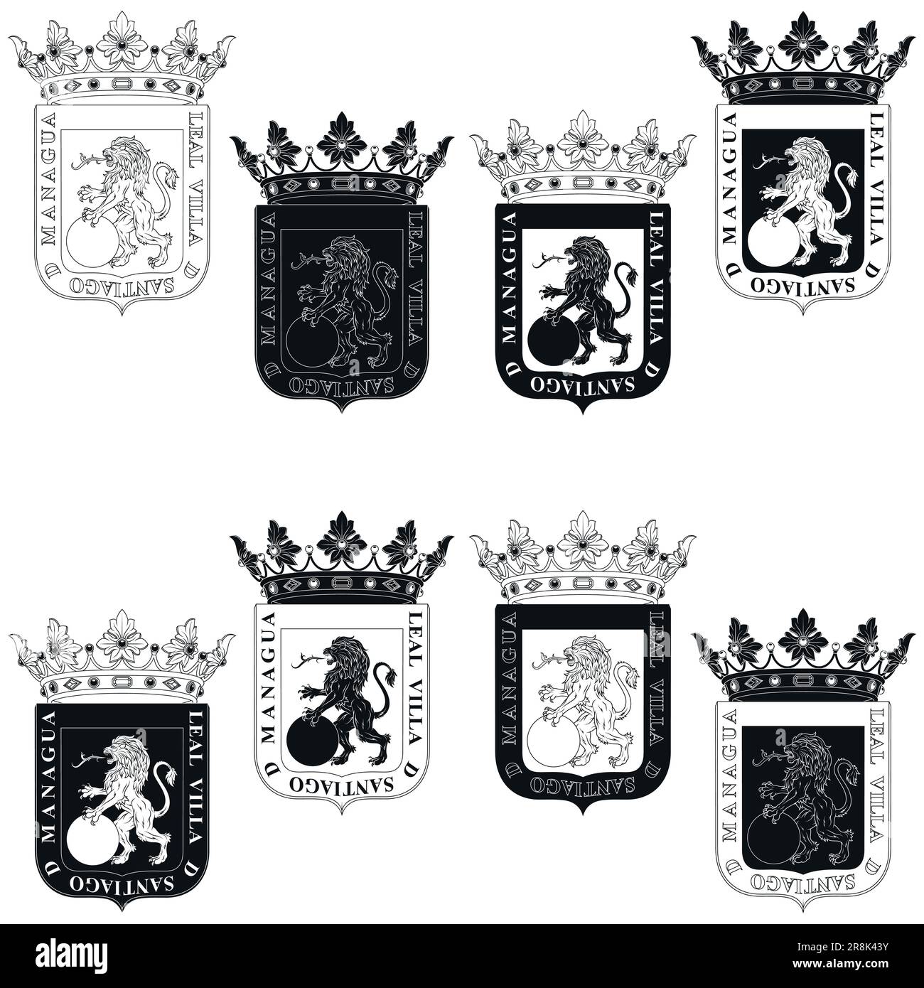 Vektordesign des Wappen der Stadt Managua Nicaragua. Managua-Wappen mit einem wilden Löwen, der eine Kugel hält Stock Vektor