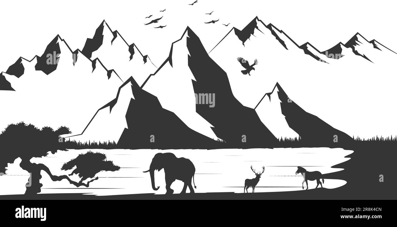 Landschaftsbild Bergbaumtiere Silhouette. Elefant, Hirsch und Zebra. Stock Vektor