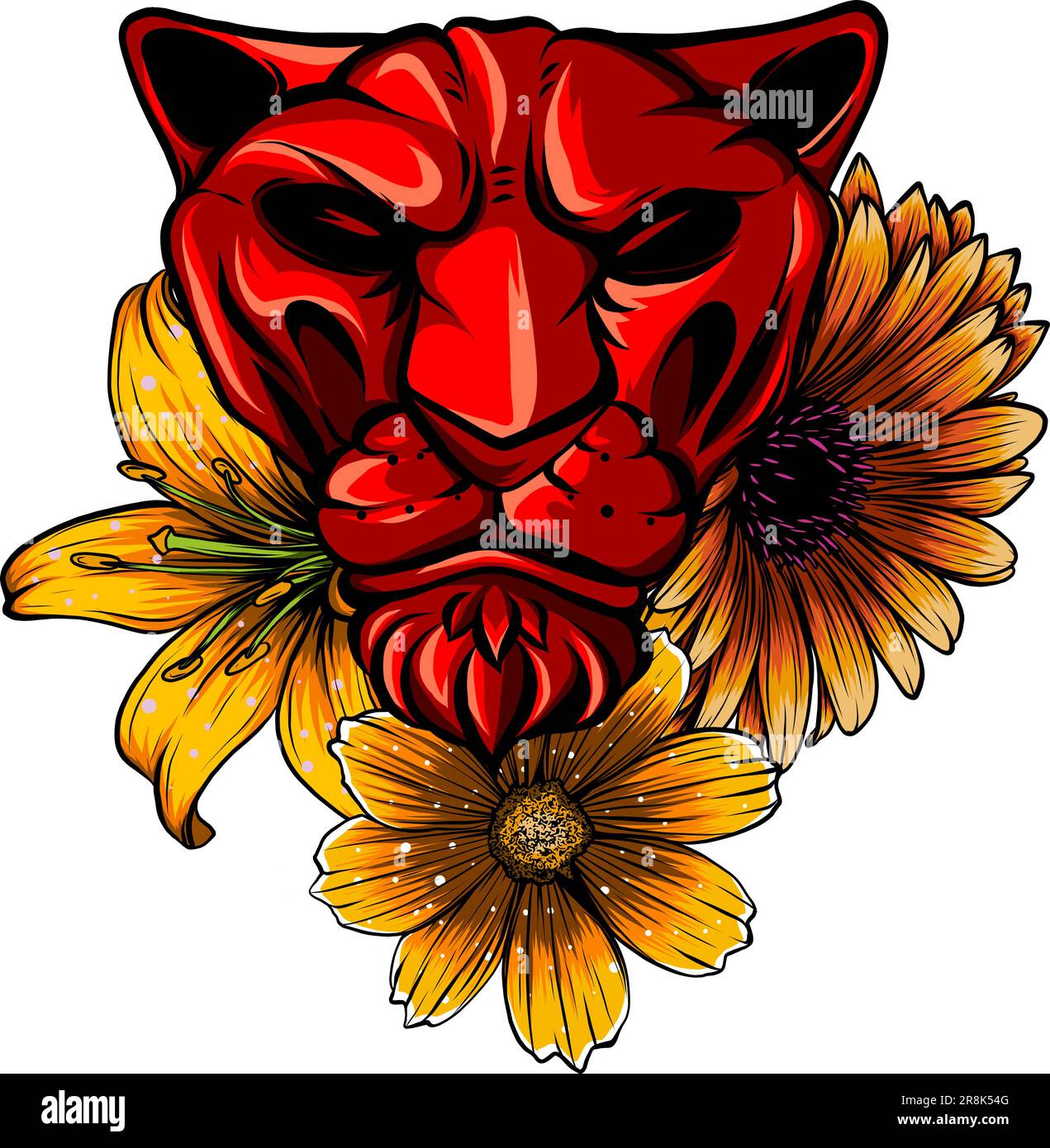 Porträt eines Löwenkopfes mit Blumenkränzen. vektordarstellung auf weißem Hintergrund. Digitales Handzeichnen Stock Vektor