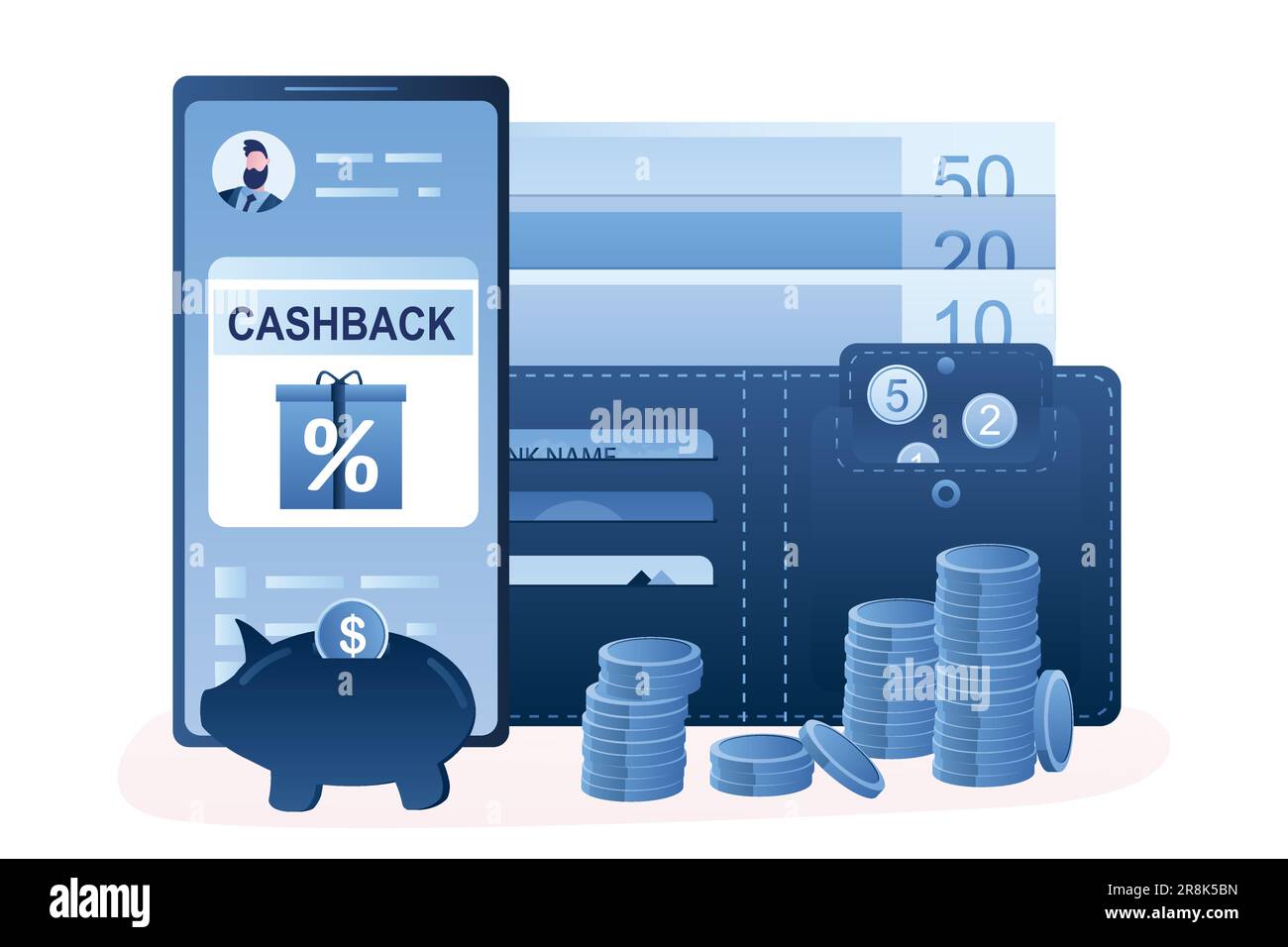 Geld-Cashback-Konzept. Smartphone mit Bank-App, Cashback-Geld und Geldbörse mit Kreditkarten. Hintergrund für Bonuszahlungen oder Barrückerstattungen auf der Bank. Trendige Vektorillu Stock Vektor