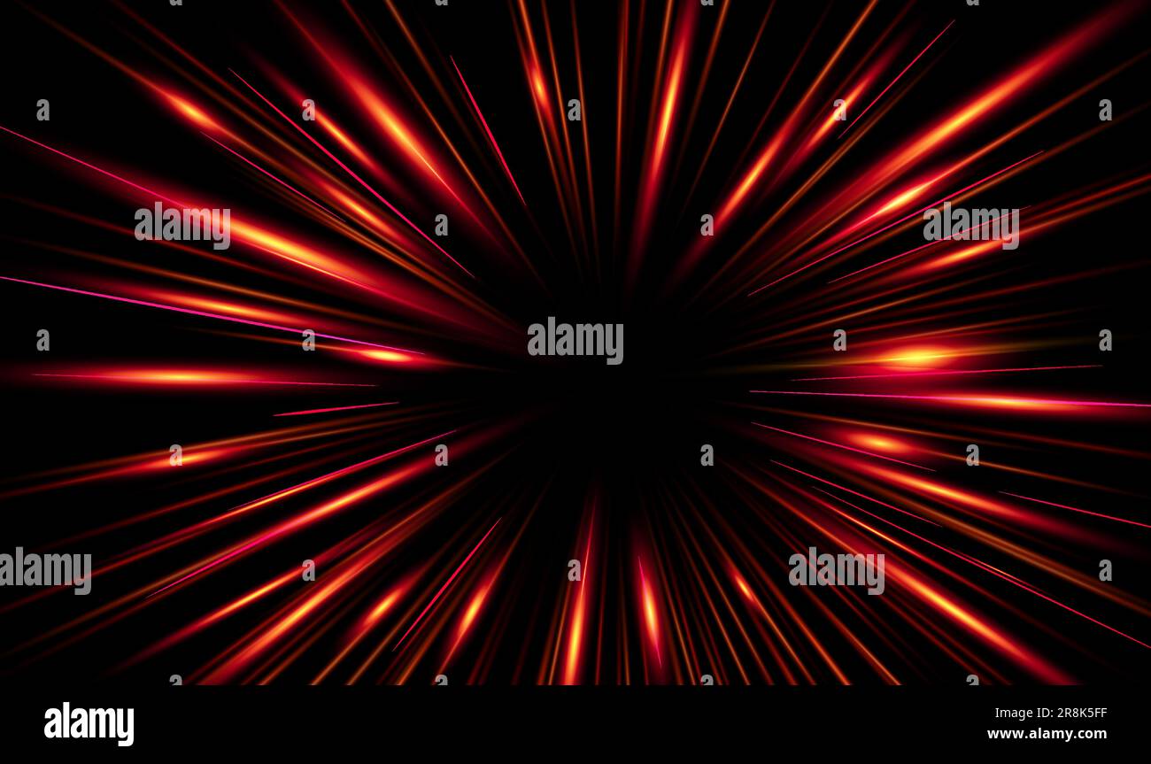 Rote leuchtende Linien und Partikel starker Energie, Magie im schwarzen Raum. Vektorhintergrund einer Quelle gelber Superenergiestrahlung im Stil von Stock Vektor