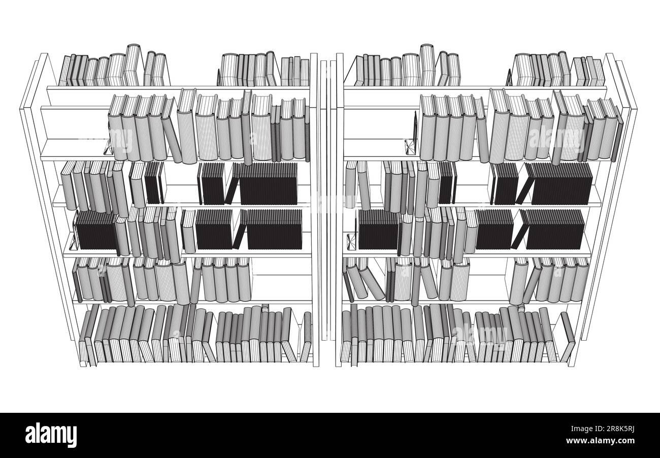 Vektor des Regal-Hintergrunds der Bibliothek. Modell eines Bücherregals mit leeren Büchern. Drahtmodell Bücher auf den Regalen einfach Retro Vektordarstellung. Linie d Stock Vektor