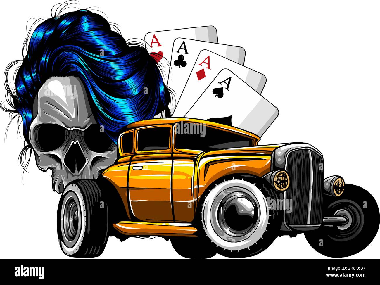 Hot Rod mit weiblichem Schädel und Poker-Assen, Vektordesign auf weißem Hintergrund Stock Vektor