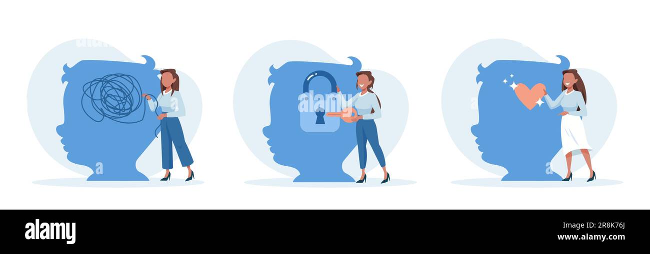 Das kindliche psychische Gesundheitskonzept. Vektor einer Psychologin, die psychische Probleme eines Jungen löst Stock Vektor