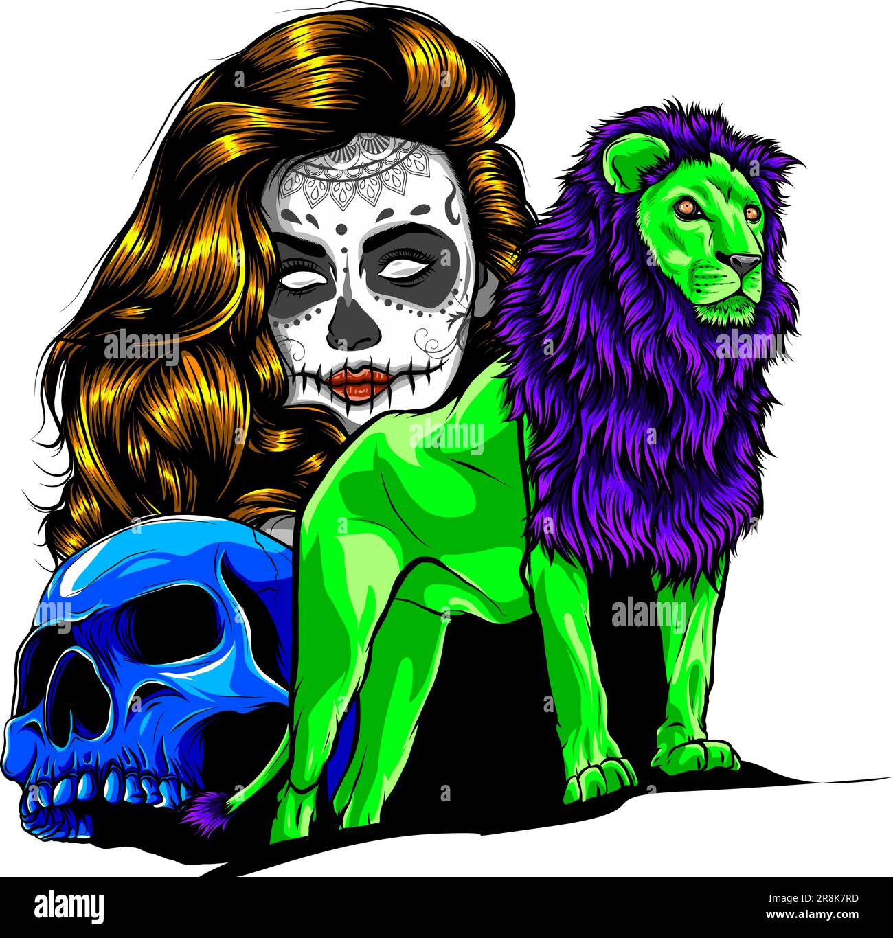 löwe mit Schädel- und Mädchenvektordarstellung auf weißem Hintergrund. Digitales Handzeichnen Stock Vektor