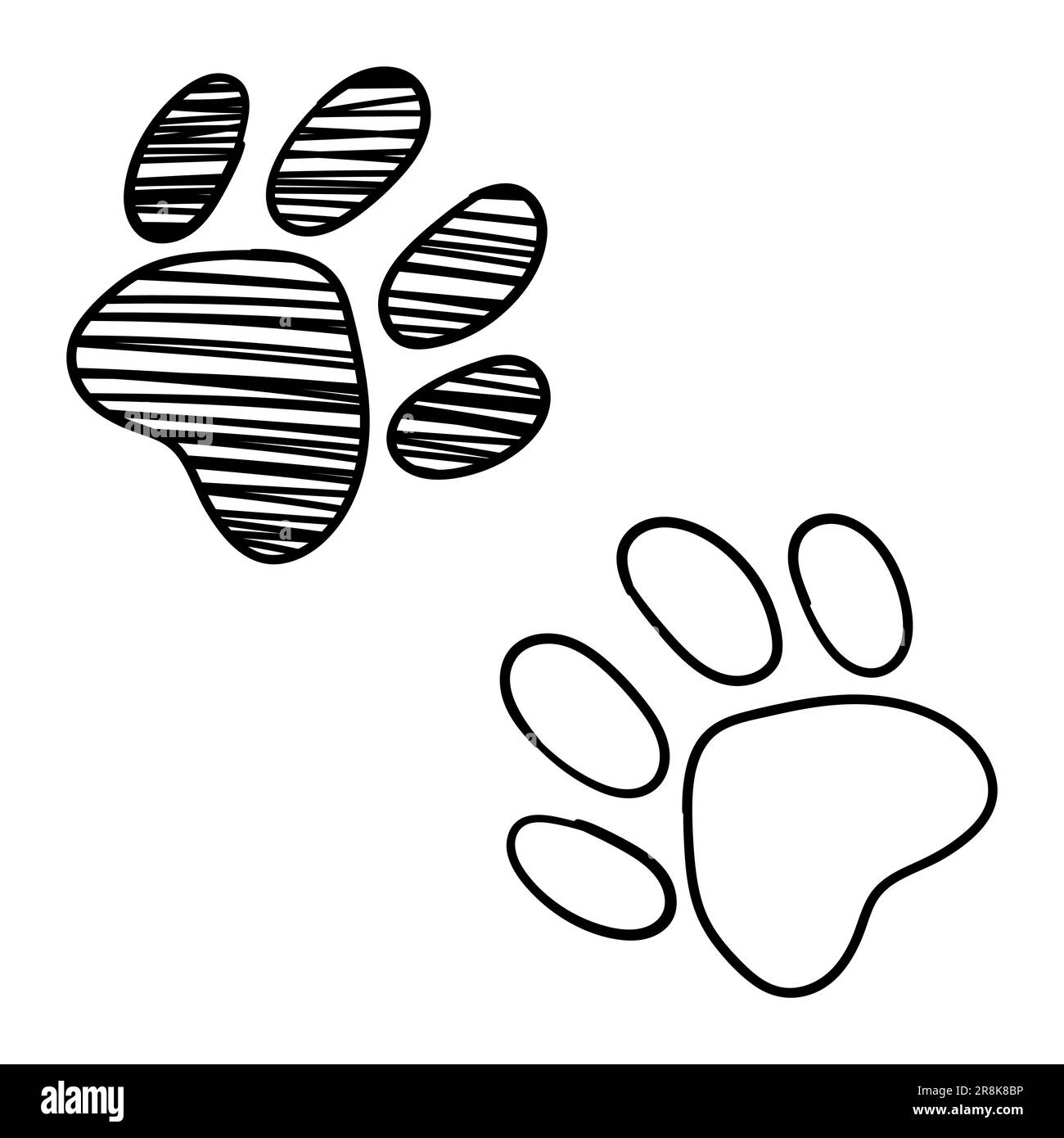 Schwarz-weißer schwarzer und weißer Hund Katze Tierpfote isolierter handgezeichneter Tintenskizzenvektor. Stock Vektor