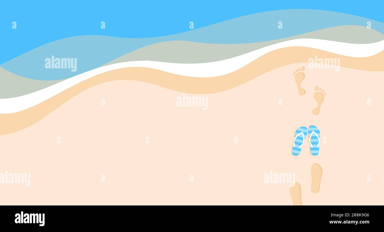 Fußabdrücke und Flip-Flops auf dem Sand in der Nähe der Meereswellen mit Kopierraum, Draufsicht. Abbildung eines flachen Vektors Stock Vektor
