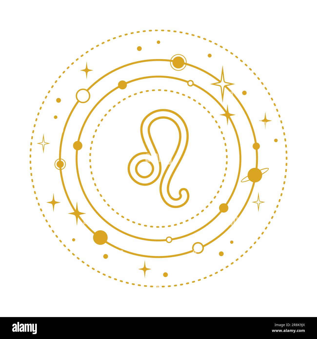 Goldenes Leo-Zeichen mit Planeten und Sternen in Umlaufbahnen auf weißem Hintergrund Stock Vektor