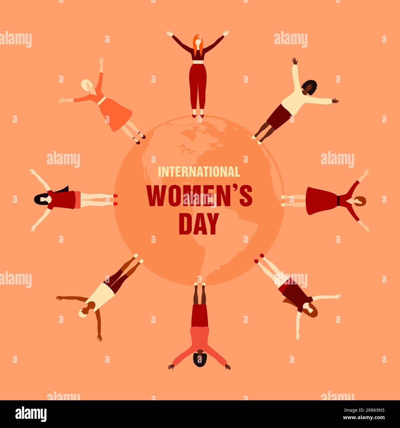 Frauen verschiedener Nationalitäten mit erhobenen Händen, die auf dem Planeten Erde stehen. Internationaler Frauentag. Das Konzept der Bewegung für Wom Stock Vektor