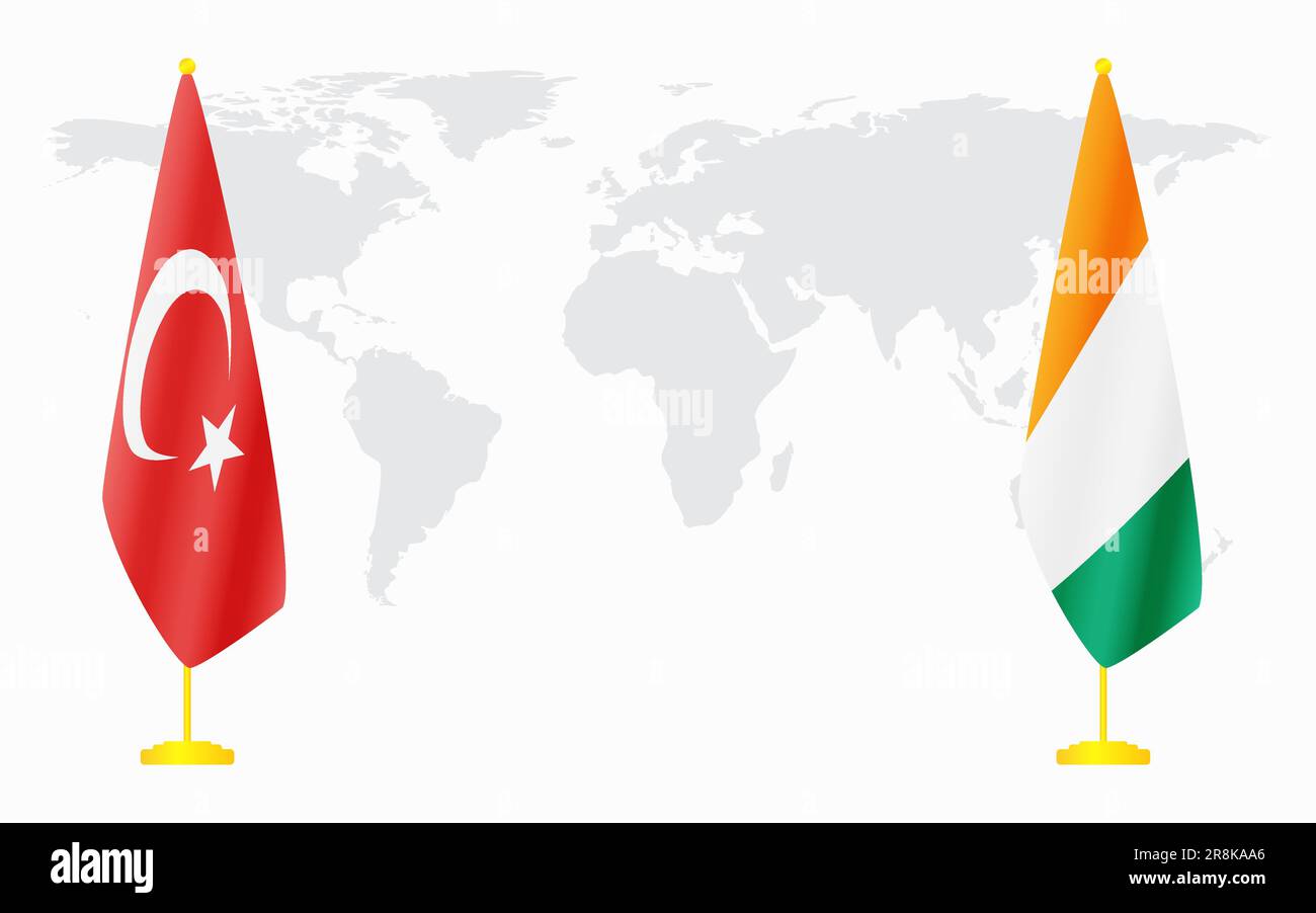 Flaggen der Türkei und der Elfenbeinküste für offizielles Treffen vor dem Hintergrund der Weltkarte. Stock Vektor