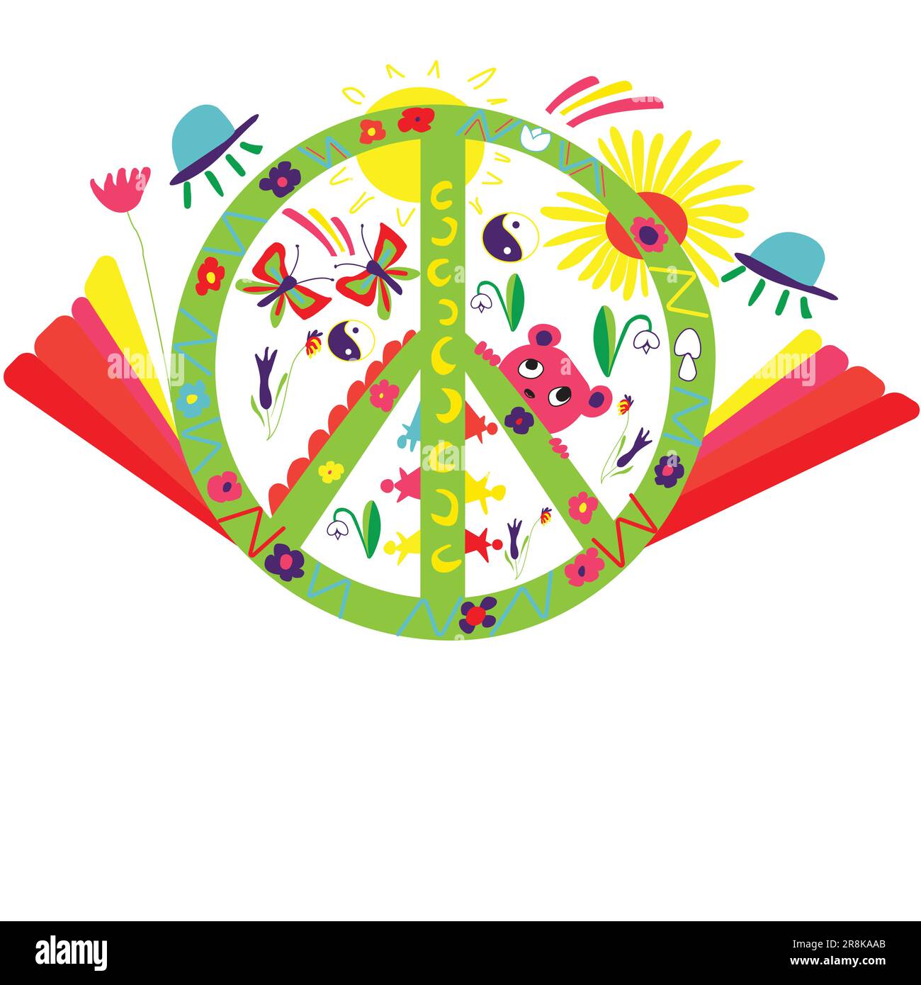 Farbenfrohes psychedelisches Peace-Logo auf Textilien, Papier und Flaggen; grünes Symbol mit Halbkreisen, Blumen, Schmetterlingen, ufo und der Sonne Stock Vektor