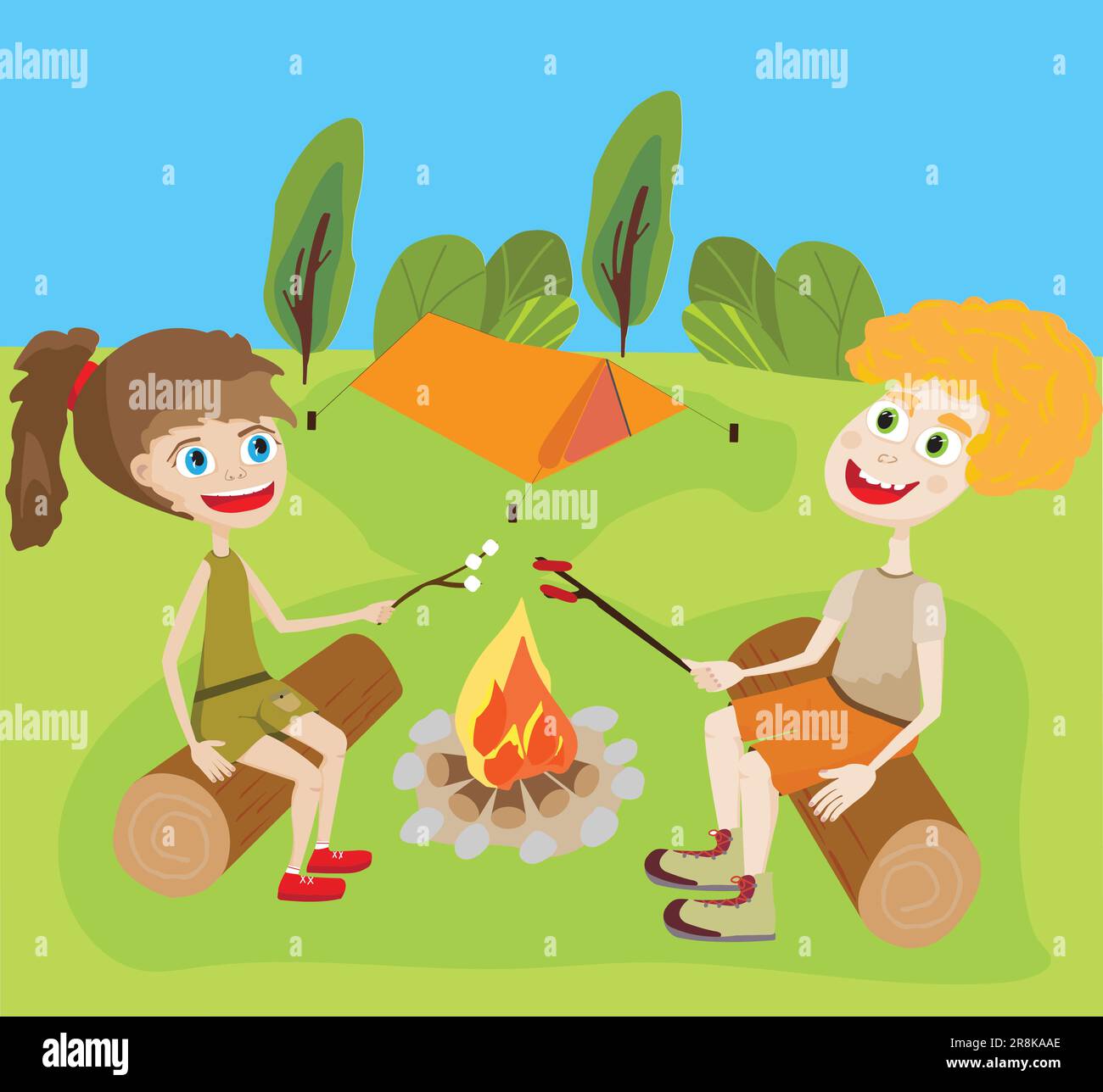 Lagerfeuer im Feld mit zwei Teenagern und einem Zelt; Freizeitanzeige mit zwei Personen, die am Lagerfeuer sitzen; Stock Vektor