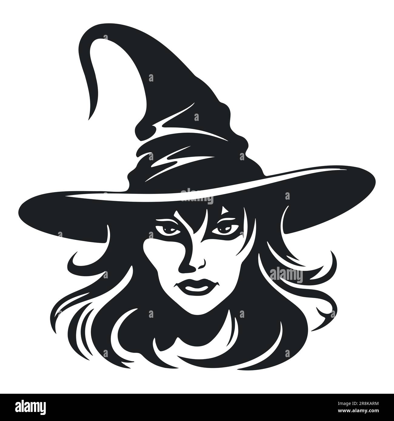Hexe mit traditionellem Hut - Zauberkostüm für schwarzweiß-vektorporträt zu halloween Stock Vektor