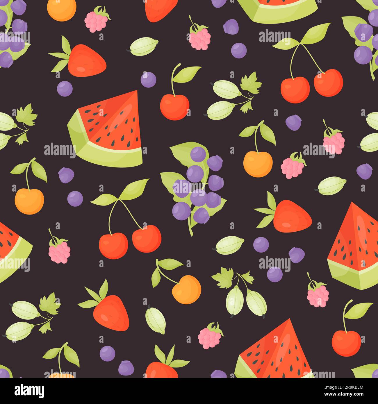 Nahtloses Muster mit Sommerbeeren und Früchten. Waldbluebeeren, Himbeeren, Kirschen, Stachelbeeren mit Wassermelonenstücken auf schwarzem Hintergrund Stock Vektor