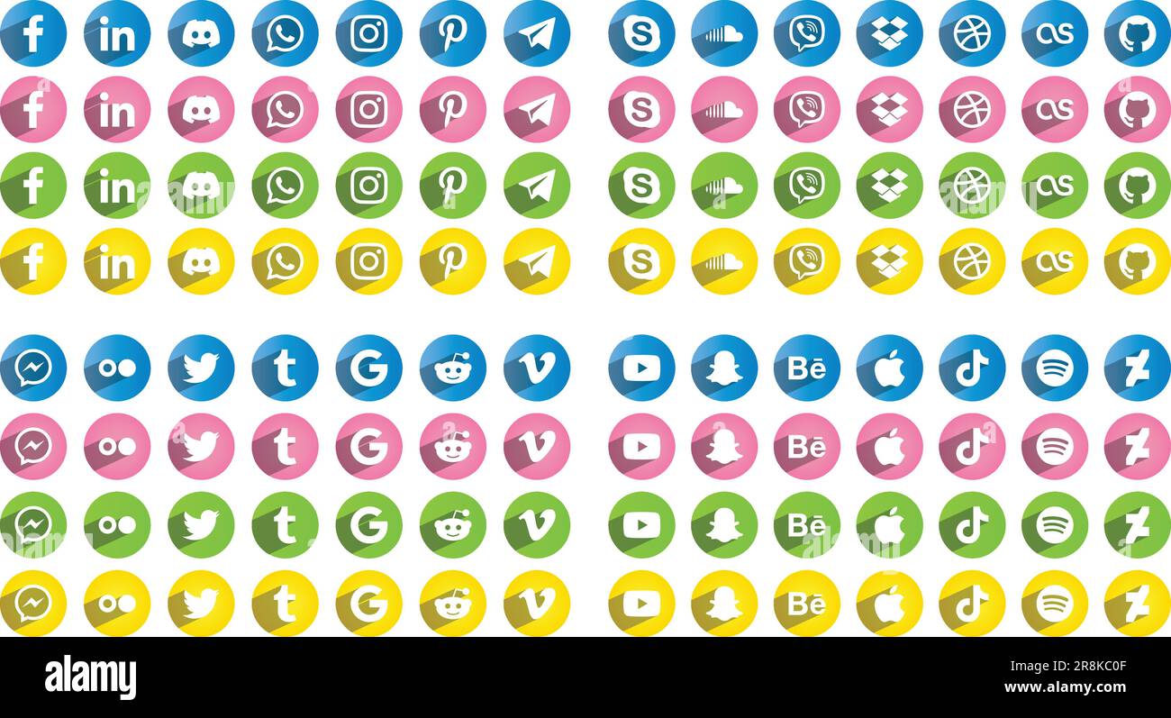 Bunte runde Logos für Social-Media-Symbole – flache Symbole mit verlaufendem Hintergrund und Schatten in Blau, Pink, Grün und Gelb Stock Vektor