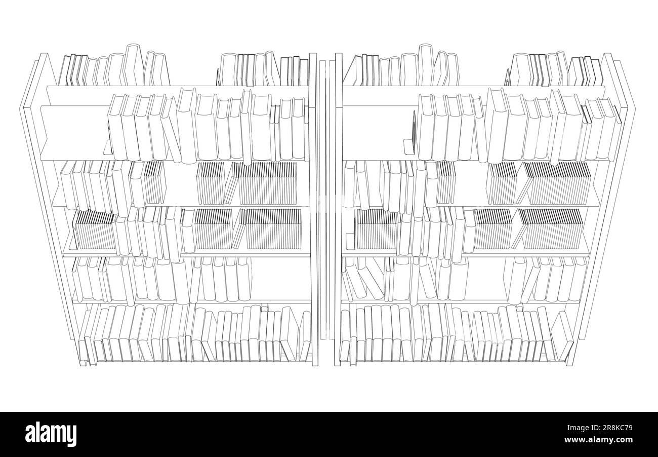Vektor des Regal-Hintergrunds der Bibliothek. Modell eines Bücherregals mit leeren Büchern. Umrissbücher auf den Regalen sind einfach Retro-Vektorgrafiken. Line-dra Stock Vektor