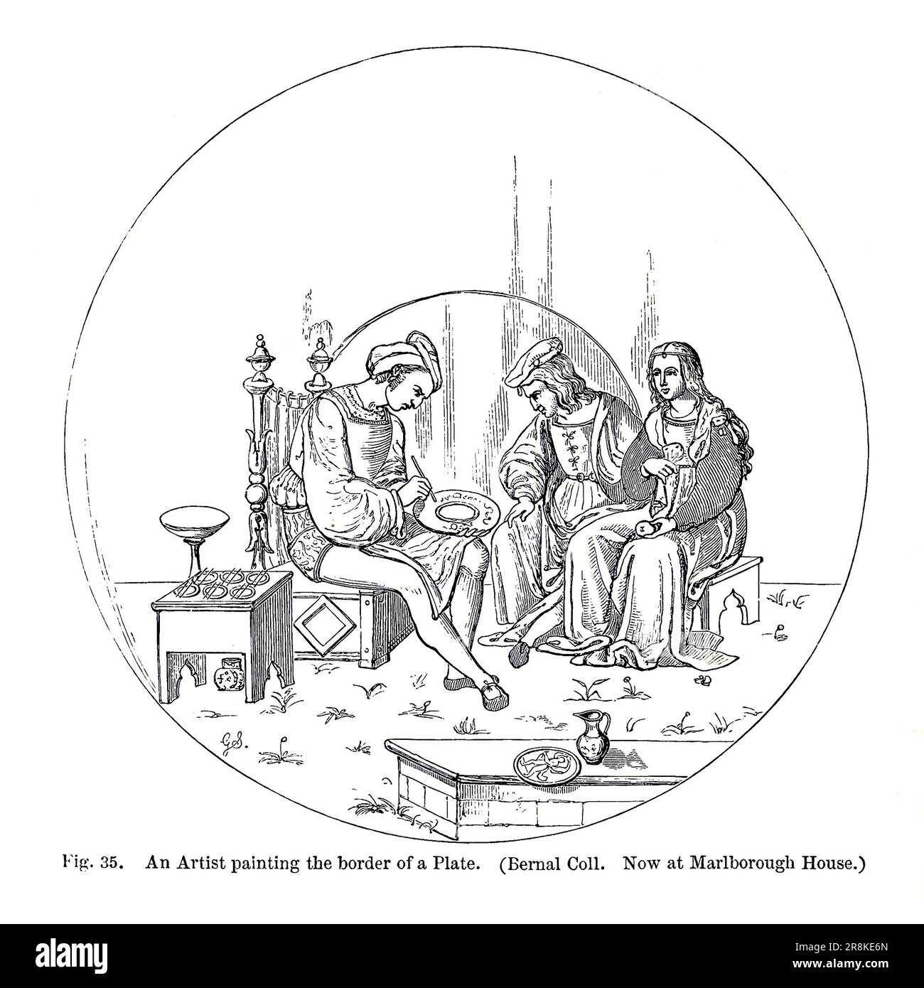 Dish, ein Künstler, der die Grenze eines Tellers malt, Italien aus dem Buch " Eine Geschichte der Töpferei und des Porzellans, mittelalterlich und modern " von Joseph Marryat, veröffentlicht in London von John Murray, Albemarle Street 1857 Stockfoto