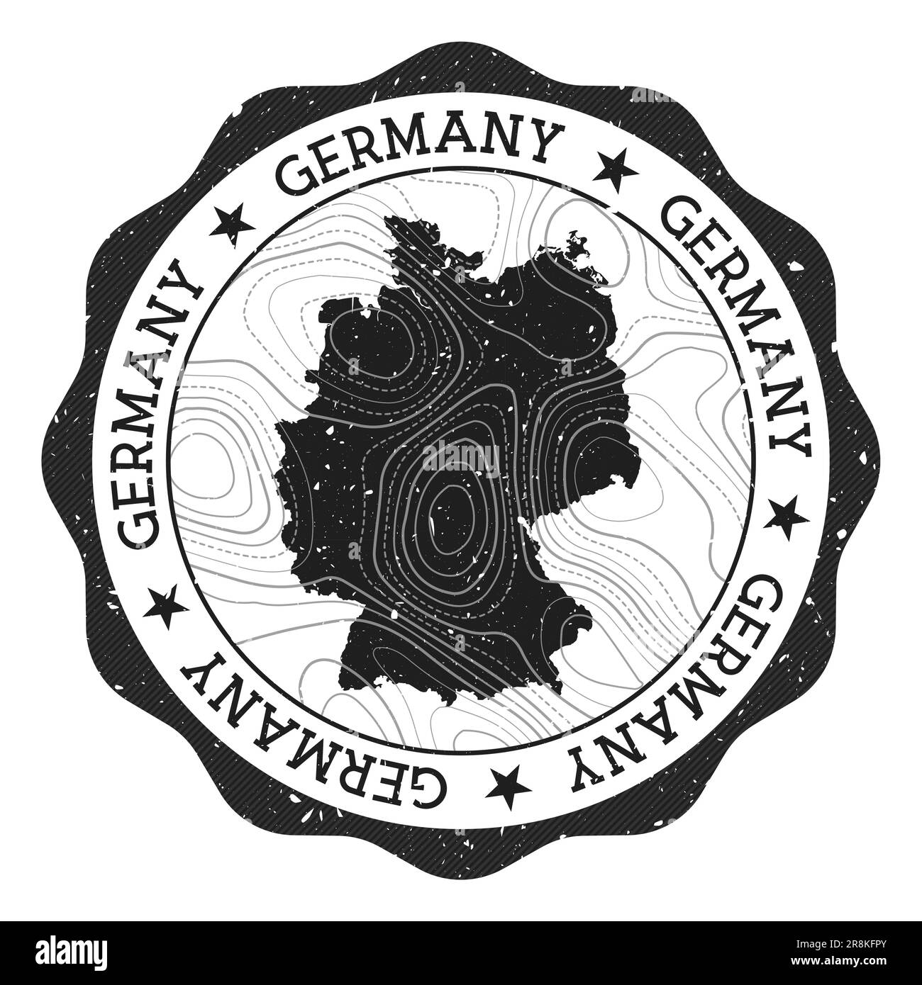 Deutschland Außenstempel. Runder Aufkleber mit Landkarte mit topographischen Isolinien. Vektorabbildung. Stock Vektor