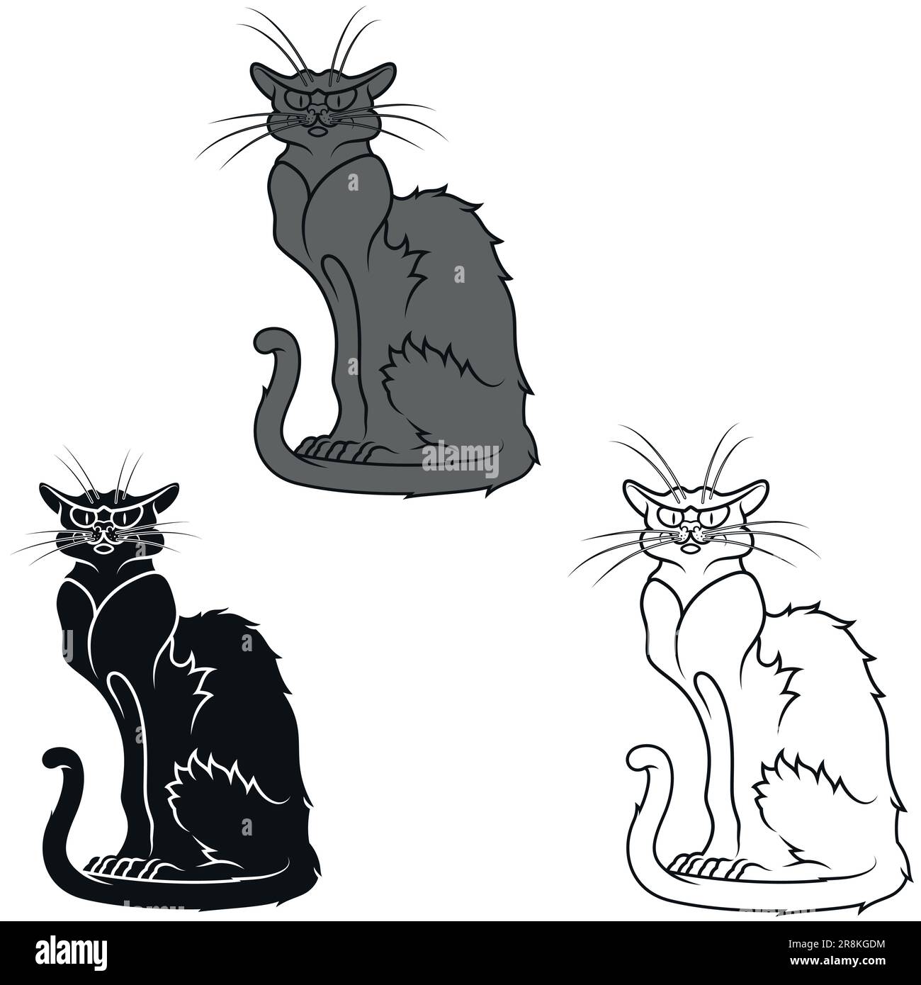 Schwarzes Katzenvektordesign, schwarze Katze im Cartoon-Stil, Hexenmaskottchen an Halloween Stock Vektor