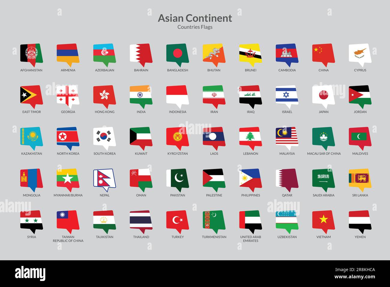 Sammlung von Flaggensymbolen für Länder des asiatischen Kontinents, Symbole für Chat-Flaggen Stock Vektor