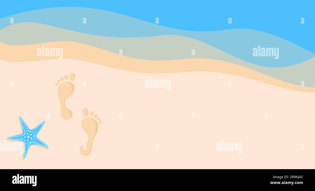 Fußabdrücke auf dem Sand in der Nähe der Meereswellen, Blick von oben. Abbildung eines flachen Vektors Stock Vektor