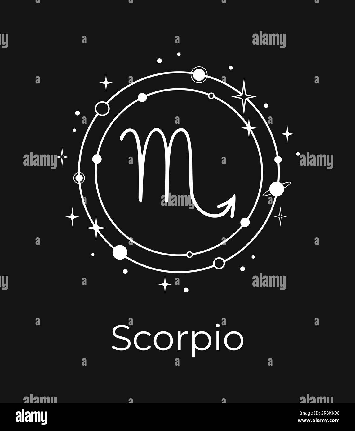Weißes Scorpio-Schild mit Planeten und Sternen auf schwarzem Hintergrund Stock Vektor