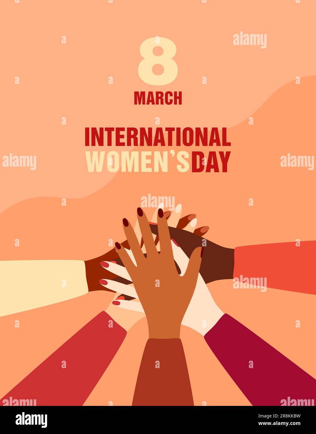 Poster zum Internationalen Frauentag. Frauen unterschiedlicher ethnischer Herkunft, die ihre Hände in Einheitsgesten zusammenlegen. Abbildung eines flachen Vektors Stock Vektor