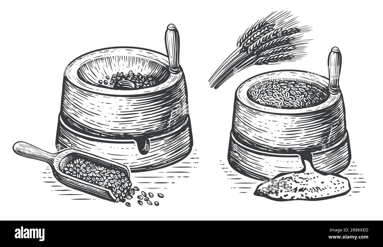 Mühlstein-Skizze. Die Handmühle ist ein altes Steinwerkzeug zum Mahlen von Getreideprodukten und zur Gewinnung von Mehl. Vintage-Vektor Stock Vektor