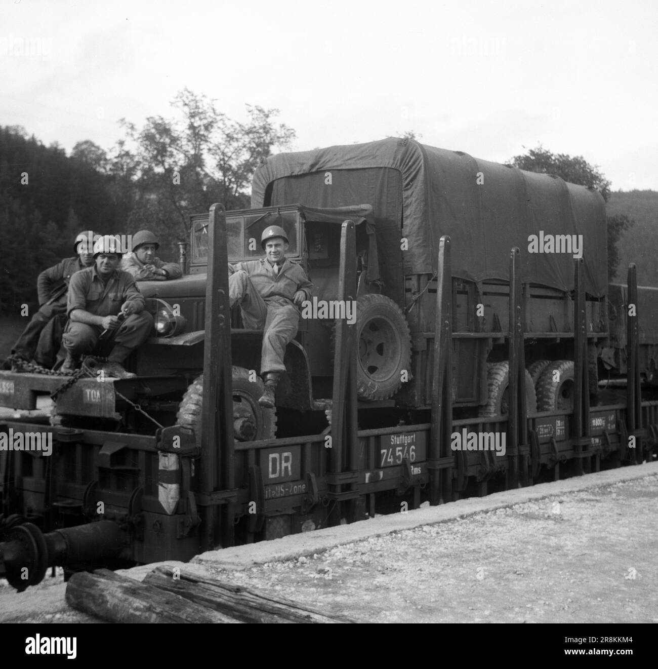 Deutsche Reichsbahn US-Zone Militärtransport / Deutsche Eisenbahn US-Zone Militärtransport / Transport militaire de la Zone américaine des chemins de fer allemands Stockfoto