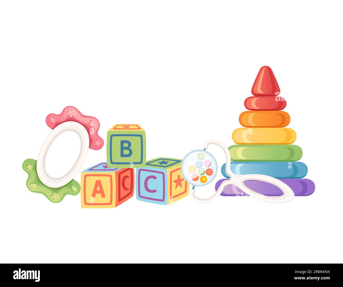 Set aus Babyspielzeug Pyramiden-Beißarmband und abc-Blöcke Vektordarstellung isoliert auf weißem Hintergrund Stock Vektor