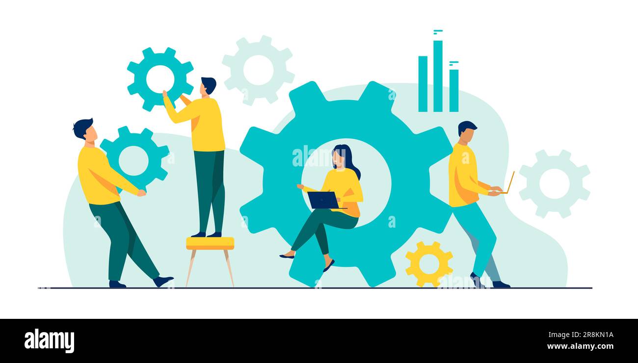 Business-Team, das gemeinsam an Zahnradmechanik arbeitet Stock Vektor