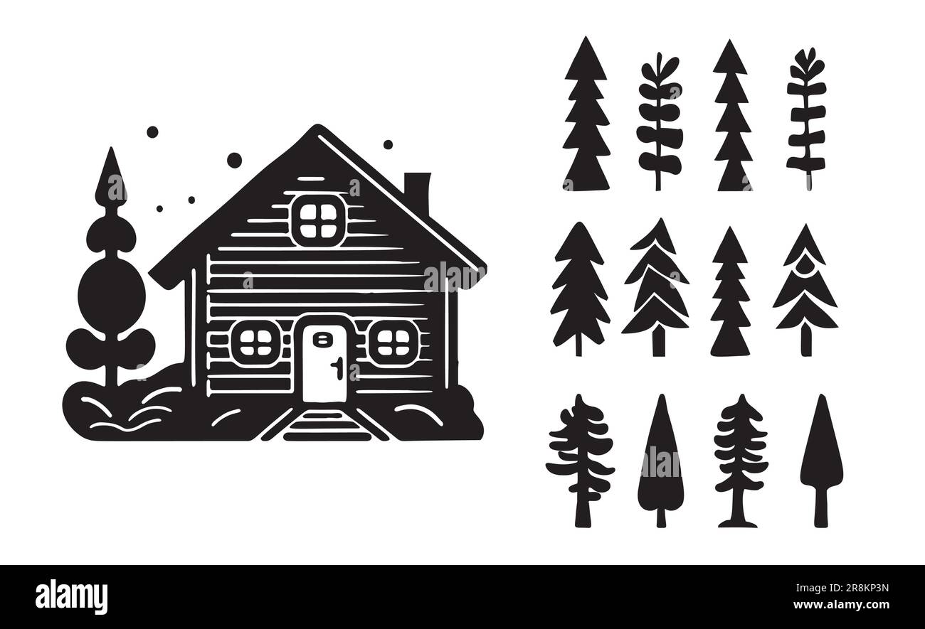 Eine Reihe von Vektordarstellungen für Holzhütten und Tannenbäume. Maskuline Outdoor-Reise im nordischen Linocut-Chalet in skandinavischer Urlaubsgruppe Stock Vektor