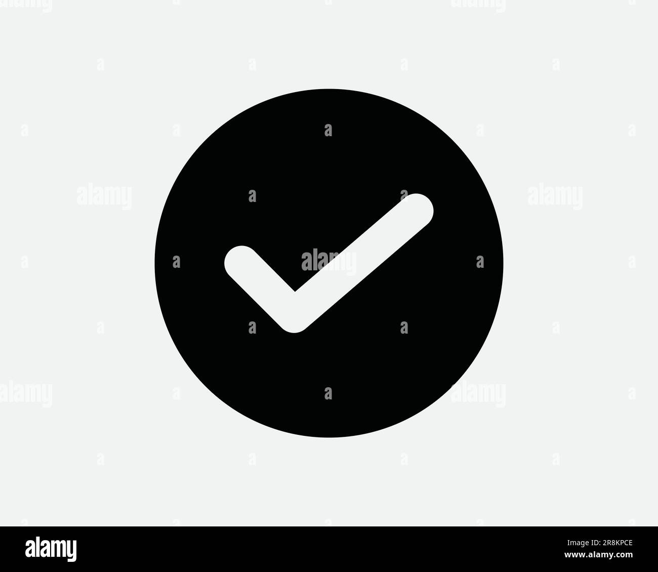 Symbol „Überprüft“. Prüfen, ob OK OK, prüfen, ob aktiviert, Genehmigung genehmigt, richtige Abstimmung. Schwarzweißes rundes Kreiszeichen Bildmaterial Grafischer Clipart EPS-Vektor Stock Vektor